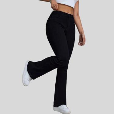 Imagem de Calça Flare Jeans Preta Feminina Boca de Sino Cintura Alta Modeladora 