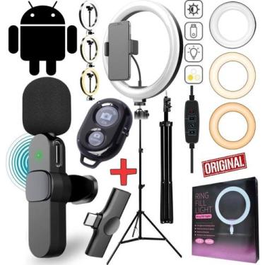 Imagem de Tripé Profissional Microfone Sem Fio Android Anel Luz Led Iluminador H