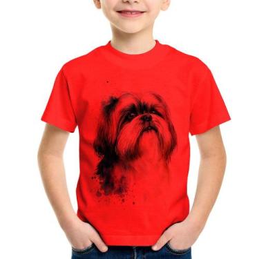 Imagem de Camiseta Infantil Cachorro Shih Tzu Watercolor - Foca na Moda, Vermelh