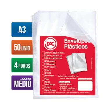 Imagem de Envelope Saco Plástico A3 Extra Médio 4 Furos C/ 50 Unid 320mmx425mm -
