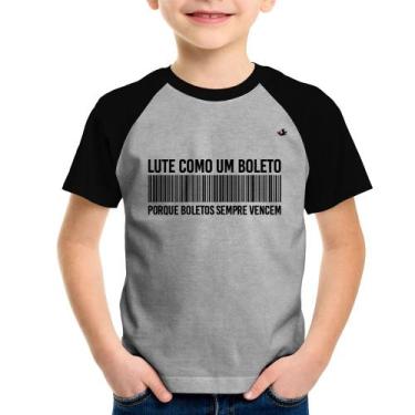 Imagem de Camiseta Raglan Infantil Lute como um boleto - Foca na Moda, Cinza, Pr