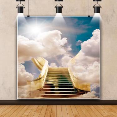 Imagem de DORCEV Escadas para o Céu de 3 x 3 m Pano de Fundo Paraíso Escadas Céu Luz Sagrada Nuvens Fotografia Fundo Eventos Cristãos Igreja Ore Deus Abençoe Chá de Bebê Recém-nascido Retrato Adereços de