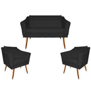 Imagem de Kit Namoradeira + 2 Poltronas Decorativa Agatha Couro Preto Pés Madeir