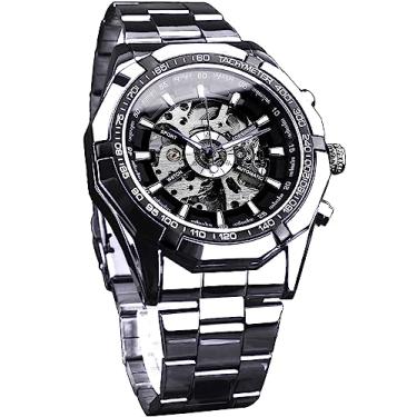 Imagem de FORSINING Relógio de pulso masculino com esqueleto de corda automática vazada e mecânica, pulseira de aço inoxidável azul e preto à prova d'água, Prateado, preto, Moderno
