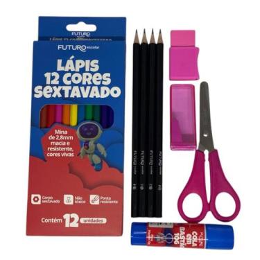 Imagem de Kit Material Escolar 12 Cores Completo Borracha Apontador - RK,  Rosa
