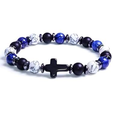 Imagem de BLUE HOPE Pulseira vintage chique com contas - Contas redondas de 8 mm com pingente de cruz preta, acessório diário perfeito e presente, disponível em 6 cores deslumbrantes, 7.48, Aço inoxidável, cruz
