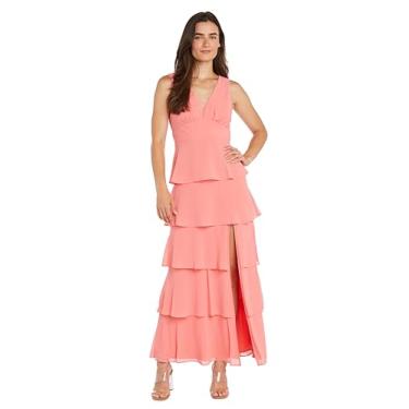 Imagem de Vestido longo de chiffon com decote em V, cintura e saia de várias camadas, Coral, 48
