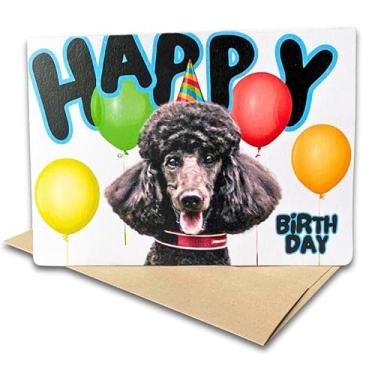 Imagem de Fava Bean Productions Cartão de feliz aniversário com cães, cartão Poodle padrão (1 cartão premium, 12,78 x 18 cm, em branco dentro), cartão de aniversário com tema de cachorro, cartão de aniversário