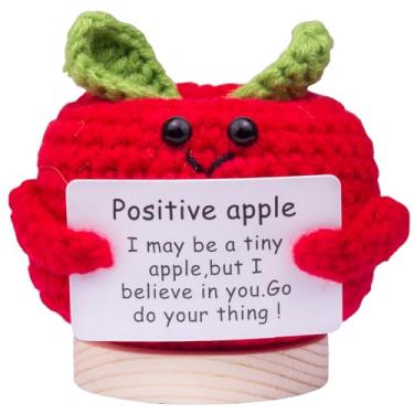 Imagem de CoFuBcad Handcrafted Emotional Support Red Apple Gift, Cute Apple Knitted Doll Decoration with Front Card and Wooden Base, Birthday Gift Friends Party Decoration Encouragement(A41)