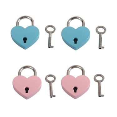Imagem de BLLNDX 4 peças cadeado vintage coração mini cadeado de liga de metal pêssego cadeado de coração com fechadura de inserção de chave decoração 2 azul 2 rosa para bolsa de mão pequena bagagem pequena