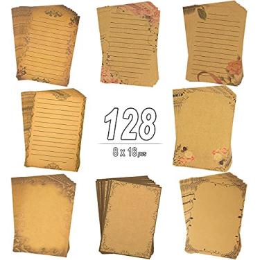 Imagem de Conjunto de envelopes CenterZ vintage de papel estacionário + envelopes Kraft com adesivos de vedação, 64 peças 4 padrões 8,3 x 5,7 papéis de papelaria de escrita + 20 peças 2 cores 7,9 x 4,7 envelope de letras + 36 peças 2 estilos de vedações rústicas, [01] 128pcs Stationery Paper
