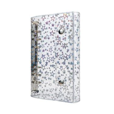 Imagem de A6 Capa de fichário de orçamento transparente PVC 6 anéis, estrela com glitter, recarregável, protetor de caderno com 2 botões para sistema de envelopes de dinheiro, diário, álbuns, pasta organizadora