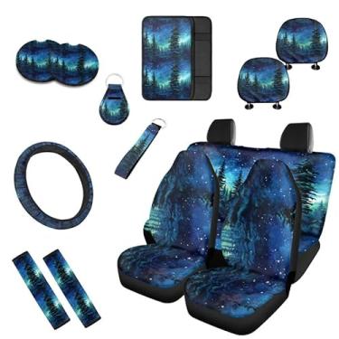 Imagem de Uskorhein Capa de assento de carro com desenho à mão Floresta Noite Estrelada Conjunto Completo Universal Céu Estrelado Pintura Árvore 13 peças para capa de banco dianteiro e traseiro chaveiros para