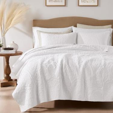 Imagem de palassio Colcha branca Paisley 100% algodão, California Cal, King Size, conjunto de cama com fronhas, floral, vintage, grande, leve, capa de cama macia para todas as estações, 3 peças