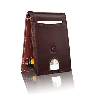 Imagem de Carteira masculina de couro genuíno da Monsoon [SAFARI] Slim com clipe para dinheiro, minimalista, bloqueio de RFID, BURGUNDY BROWN, Small
