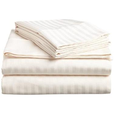 Imagem de Conjunto de lençol de 4 peças de tecido Xtream 100% algodão natural 400 fios (1 lençol de elástico, 1 lençol de cima e 2 fronhas) adequado para bolso de até 61 cm de profundidade (Cal-King, listras marfim)