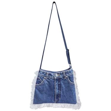 Imagem de Bolsa tiracolo plana trapézio média jeans azul Upcycled com acabamento em franja estilo vintage bolsa jeans com alça ajustável (estilo 11), Azul