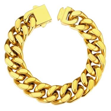 Imagem de ChainsHouse Pulseira masculina de elos cubanos de aço inoxidável, 5 mm/7 mm/9 mm/12 mm de largura, 19 cm/21 cm/22,9 cm, preto/pulseira de corrente banhada a ouro 18K para homens, com caixa de presente