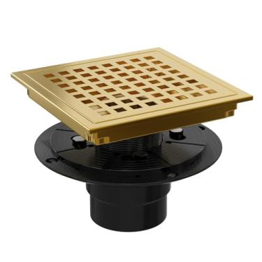 Imagem de Heaorld Ralo de Chuveiro Quadrado de 6" com Flange, Kit de Ralo de Piso de Chuveiro de Azulejo Dourado Escovado, Aço Inoxidável 304, Grelha Removível e Coletor de Cabelo