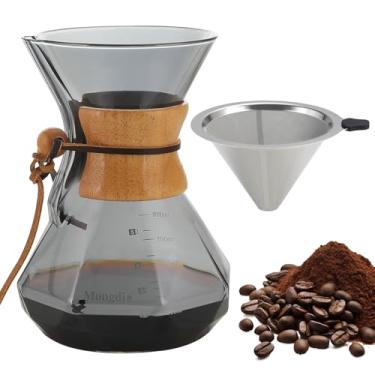 Imagem de Mongdio Cafeteira de 765 g com filtro de aço inoxidável e suporte de colar de madeira, cafeteira de vidro borossilicato para acampamento, 800 ml, cinza