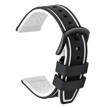 Imagem de ULLCHRO Pulseira de silicone para relógio de borracha, impermeável, bicolor, masculina, feminina, 20, 22, 24, 26 mm com fivela de aço inoxidável escovado preta (20 mm, preto e branco)