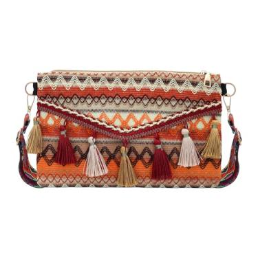 Imagem de WisePoint Bolsa tiracolo de tecido, bolsa transversal boêmia, bolsa tiracolo de palha, bolsa transversal feminina, Laranja