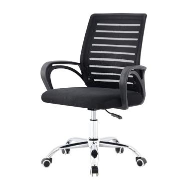 Imagem de Cadeira De Escritório Giratória Home Office Encosto com Design Listrado em Malha Respirável Preta com Base Cromada e Cinco Rodinhas