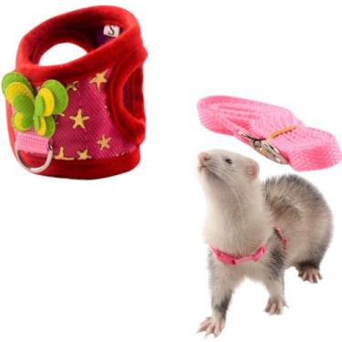 Imagem de Conjunto de coleira e coleira para caminhada ao ar livre para animais pequenos, com alça de peito para coelhinho, furão, porquinho-da-índia, hamster, gatinho, acessório (vermelho, P)