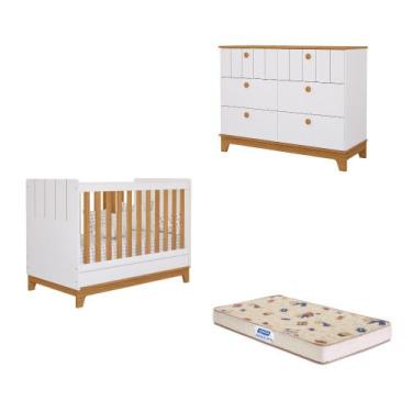 Imagem de Quarto de Bebê com Cômoda Berço e Colchão Liza Permobili, Branco/Natur