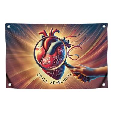 Imagem de Bandeira de relacionamento de 9 x 1,2 m com citações com quatro argolas de latão - Banner com imagem de coração e citação ainda pesquisando - Banner de poliéster para decoração de parede - Bandeira