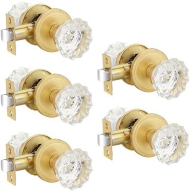 Imagem de EHOMEWARE Maçanetas douradas escovadas, pacote com 5 maçanetas internas, maçaneta de porta de vidro de passagem para armário/corredor, maçanetas de porta de cristal sem trava