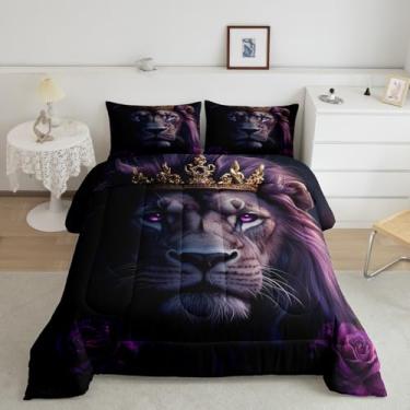 Imagem de Castle Fairy Conjunto de cama com flor de rosa roxa para meninos e meninas, coroa dourada, animais selvagens, todas as estações, conjunto de edredom aconchegante, conjunto de edredom de leão selvagem
