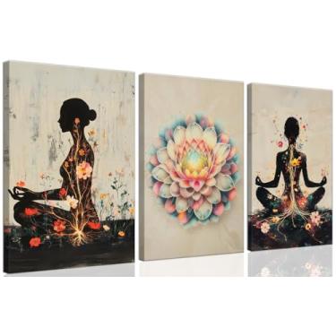 Imagem de ouiytws Conjunto de arte de parede de meditação, estampa de flor de lótus e silhueta, decoração de ioga espiritual, tela de 3 peças, design floral