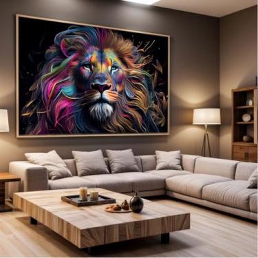 Imagem de Quadro Decorativo com Moldura Sala 40x60 Leão Colorido Arte Luxo Grande Horizontal