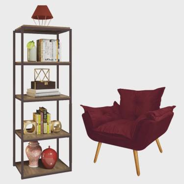 Imagem de Kit Poltrona Fatte com Estante Livreiro Ferro Marrom mdf Freijó Suede Bordô - Ahazzo Móveis
