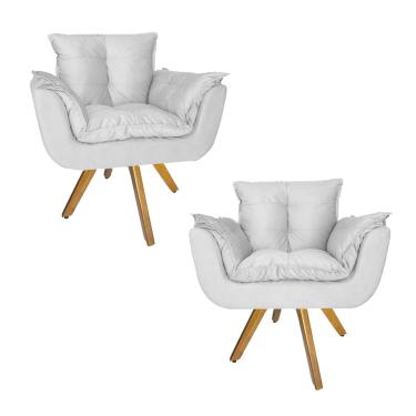 Imagem de Kit 2 Poltrona Decorativa Base Giratória De Madeira Quarto Opala Suede Branco - lm decor