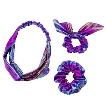 Imagem de Cachecol 3 em 1 holograma brilhante metálico arco-íris laços de cabelo elásticos elásticos prendedores de cabelo para show dançante festa menina (azul roxo)
