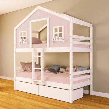 Imagem de Beliche Casinha dos Sonhos com 02 Gavetas Madeira Maciça Rosa/ Branco 