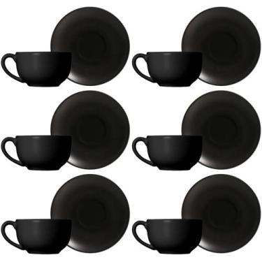Imagem de Conjunto de 6 Xícaras de Chá com Pires de Cerâmica Preto Acetinado 250