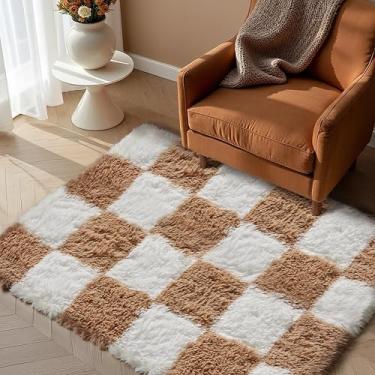 Imagem de PureCozy Tapete quadriculado 5 x 7 cm para quarto, bege e branco, tapete felpudo moderno, supermacio, lavável, tapetes fofos para sala de estar, cabeceira, sofá, decoração de dormitório, estética