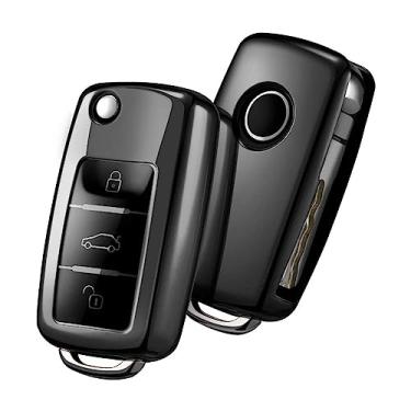 Imagem de ELOHEI Capa para chaveiro VW, TPU macio premium 361 graus proteção total para VW Volkswagen Jetta Beetle Tiguan Passat Golf MK6 Polo 3 botões (preto galvanizado)