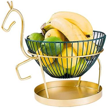 Imagem de Cesta de frutas de 2 camadas para casa, fruteira, salas de jantar, arte de ferro, prato vazado, prato de frutas multiuso para lanche (cor: verde escuro)