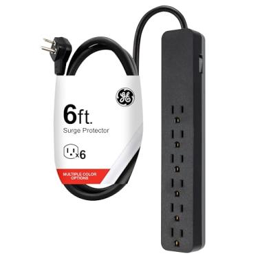 Imagem de GE Protetor contra surtos de 6 tomadas, cabo de extensão de 1,5 m, 1080 Joules, tira de energia, plugue liso, disjuntor integrado, montagem em parede, listado pela UL, preto, 37211