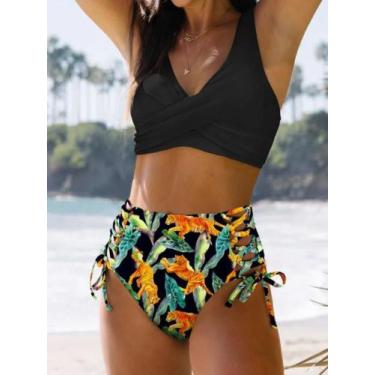 Imagem de Biquini Feminino Floral com Decote V, Amarração nas Costas e Cintura A