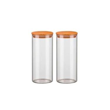 Imagem de Kit 2 Potes Vidro Hermético 1500Ml Tampa Madeira Bambu Porta - Livon