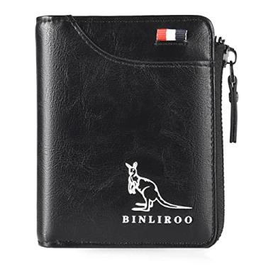 Imagem de Carteiras de couro masculinas com bloqueio de RFID e compartimento para cartão de identificação separado, Preto, Clássico