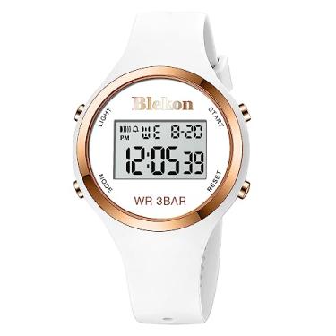 Imagem de Blekon Relógio digital feminino Orginal para esportes ao ar livre – Relógio digital feminino com luzes LED despertador/cronômetro/exibição de data e mês, relógio digital feminino 3 ATM, resistente à água, Branco, Relógio digital esportivo para ambientes externos