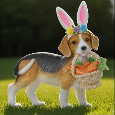Imagem de Cynkeyee Decoração de estátua de jardim de cachorro - estátuas de beagle fofas de filhote com orelhas de coelho, cenoura, cesta de cenoura, estatuetas para decoração interna de chão de mesa 29 x 10 x