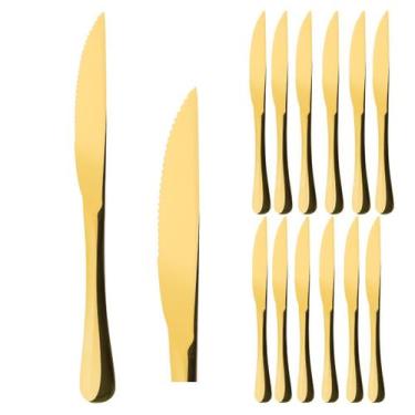 Imagem de Kit 12 Facas Churrasco Serrilhada Dourado Inox Gourmet Mix