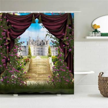 Imagem de Cortina de chuveiro com paisagem de jardim de flores, decoração de parede com cenário rural retrô, cortina pendurada, cortinas de banheiro à prova d'água, JK4050, L180 x A200 cm